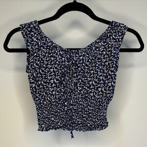 Brandy Melville Crop Floral Top Navy w/ White Flowers Ruched Bottom w/ Front Tie